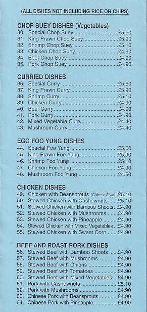Menu of Lucky Dragon Nelson